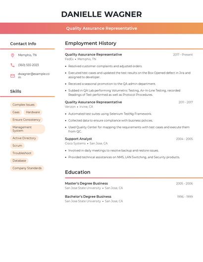 Quality Assurance Representative Resume