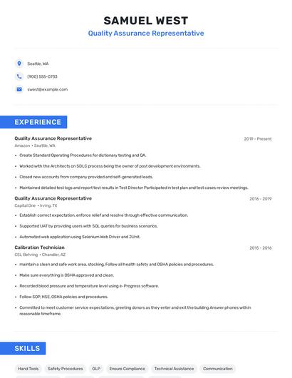 Quality Assurance Representative Resume