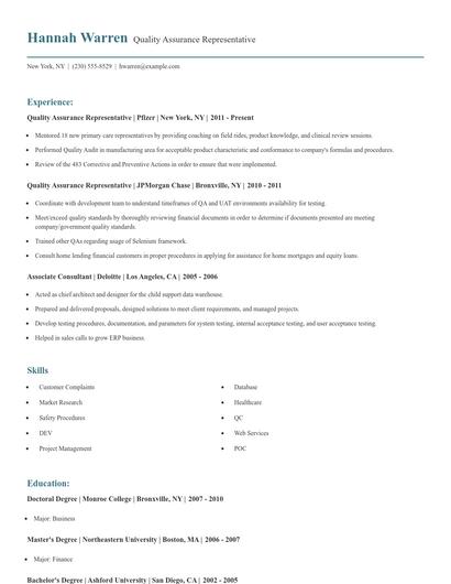 Quality Assurance Representative Resume