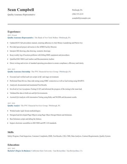 Quality Assurance Representative Resume