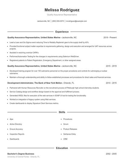 Quality Assurance Representative Resume
