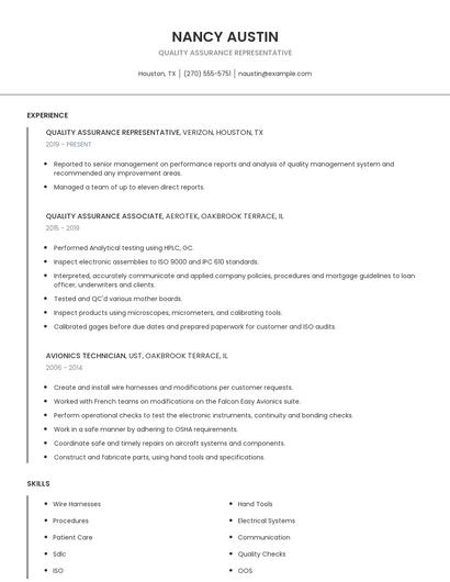 Quality Assurance Representative Resume