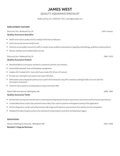 Quality Assurance Specialist Resume