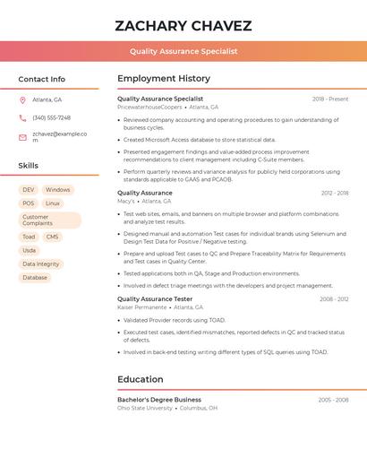Quality Assurance Specialist Resume