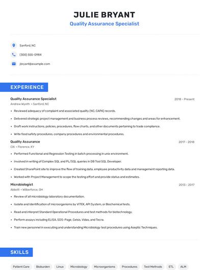 Quality Assurance Specialist Resume