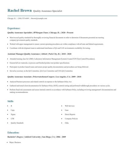 Quality Assurance Specialist Resume