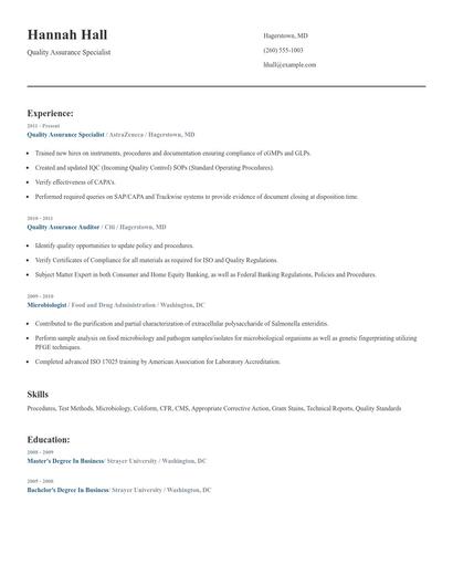 Quality Assurance Specialist Resume
