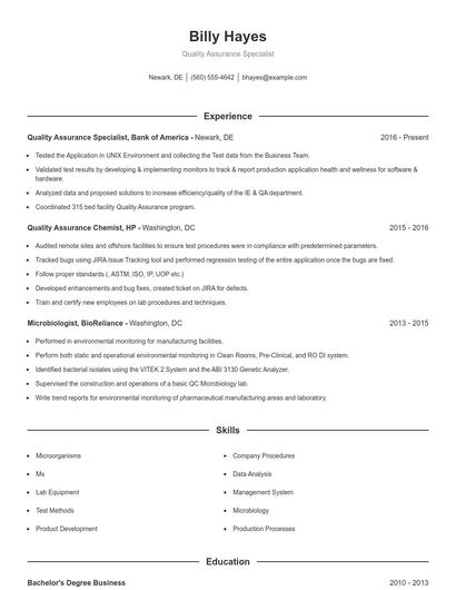 Quality Assurance Specialist Resume