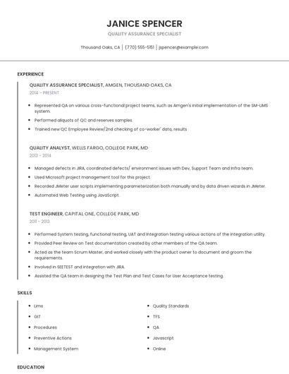Quality Assurance Specialist Resume