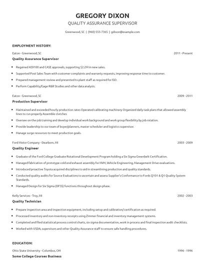 Quality Assurance Supervisor Resume