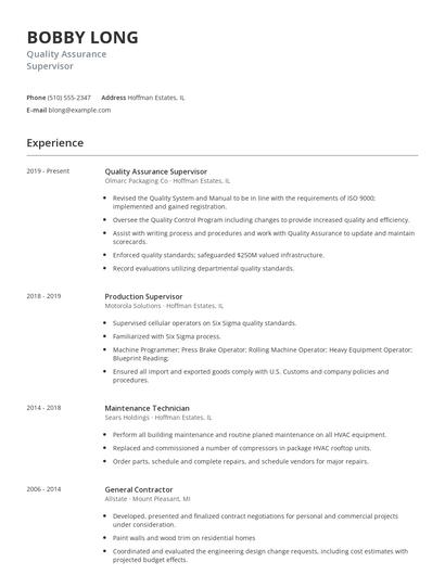 Quality Assurance Supervisor Resume