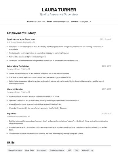 Quality Assurance Supervisor Resume