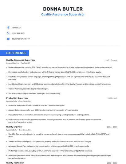 Quality Assurance Supervisor Resume