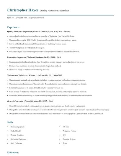 Quality Assurance Supervisor Resume