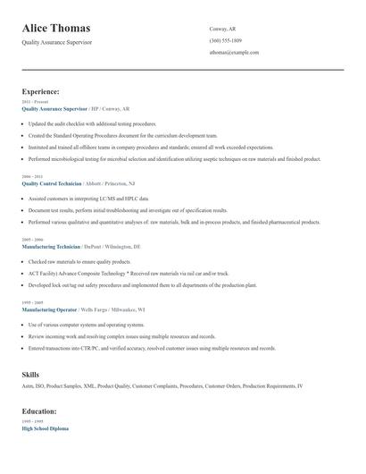 Quality Assurance Supervisor Resume