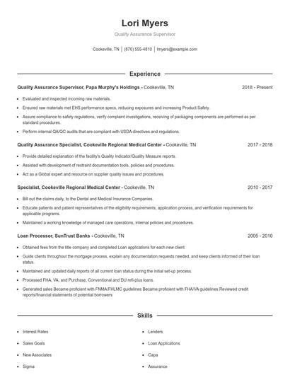 Quality Assurance Supervisor Resume