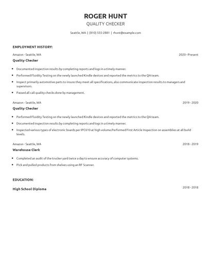 Quality Checker Resume