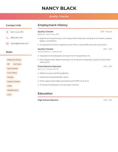 Quality Checker Resume