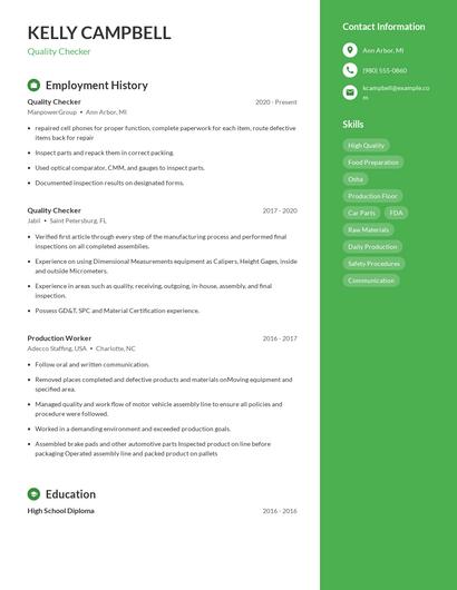 Quality Checker Resume