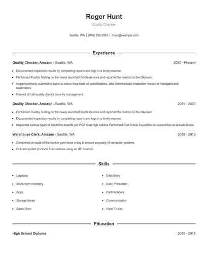 Quality Checker Resume