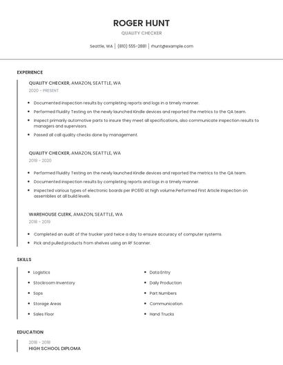 Quality Checker Resume