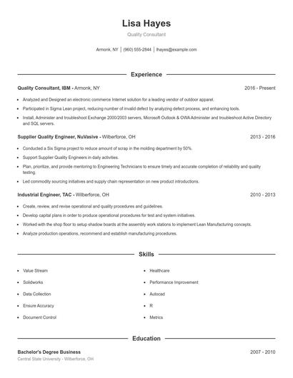 Quality Consultant Resume