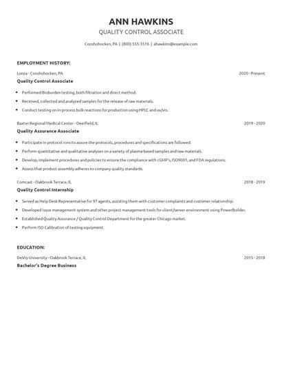 Quality Control Associate Resume