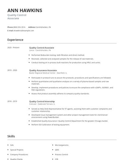Quality Control Associate Resume