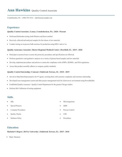 Quality Control Associate Resume