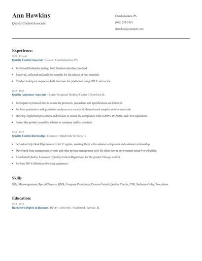 Quality Control Associate Resume