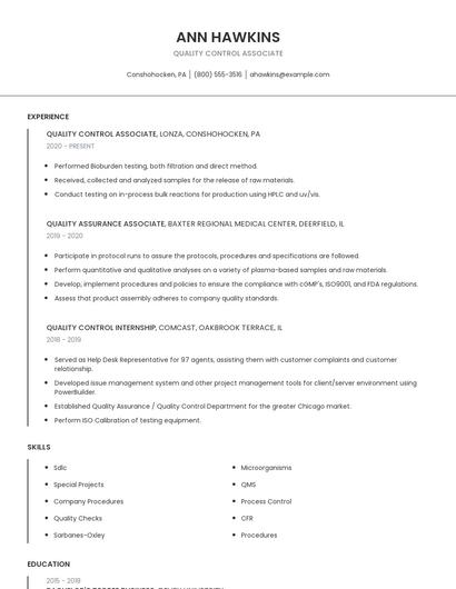 Quality Control Associate Resume