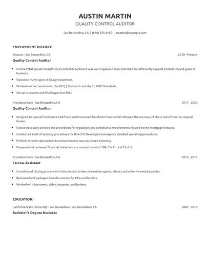 Quality Control Auditor Resume
