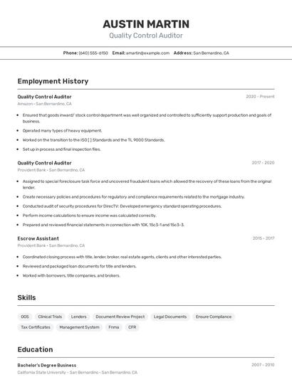 Quality Control Auditor Resume