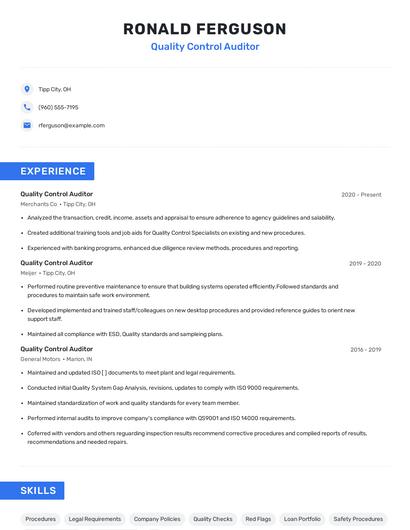 Quality Control Auditor Resume