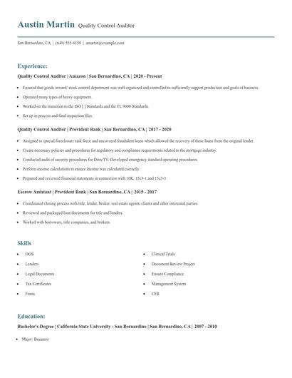 Quality Control Auditor Resume