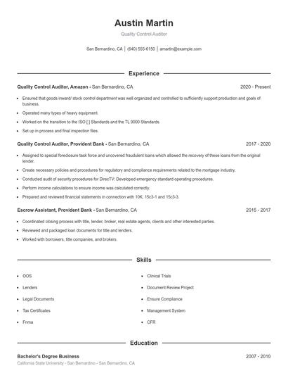 Quality Control Auditor Resume