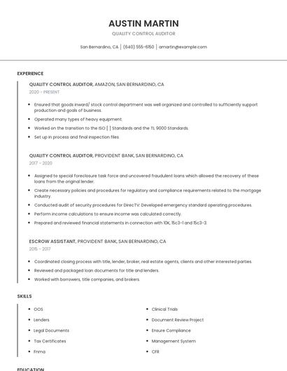 Quality Control Auditor Resume