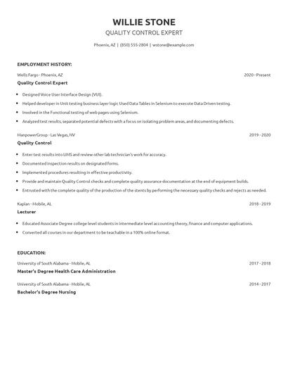 Quality Control Expert Resume