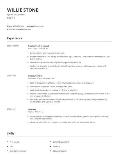 Quality Control Expert Resume