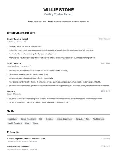 Quality Control Expert Resume