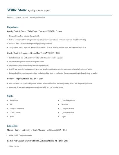 Quality Control Expert Resume