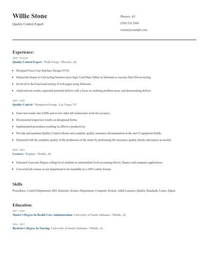 Quality Control Expert Resume