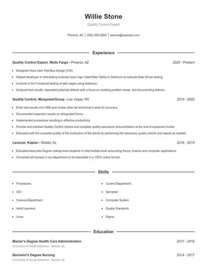Quality Control Expert Resume