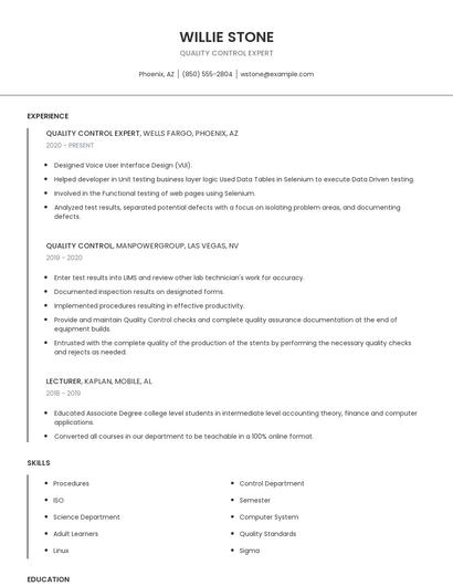 Quality Control Expert Resume