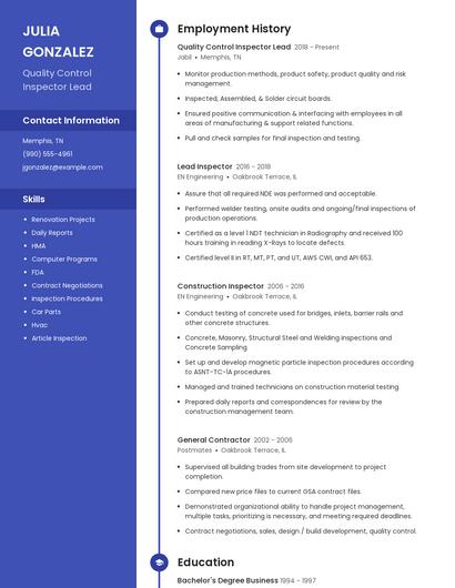 Quality Control Inspector Lead Resume