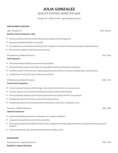 Quality Control Inspector Lead Resume
