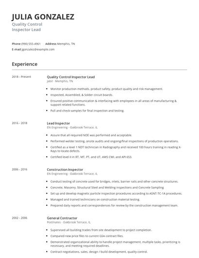 Quality Control Inspector Lead Resume