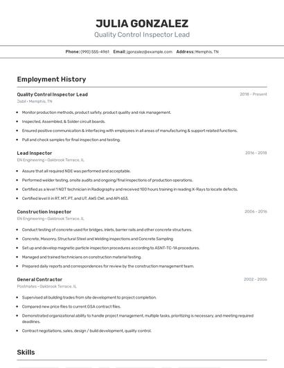 Quality Control Inspector Lead Resume