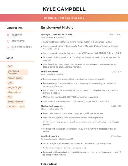 Quality Control Inspector Lead Resume
