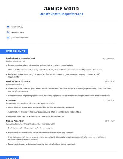 Quality Control Inspector Lead Resume